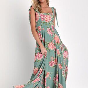 NWT Lulus Passionate Forever Sage Green Floral Print Bow Strap Maxi Dress Size M